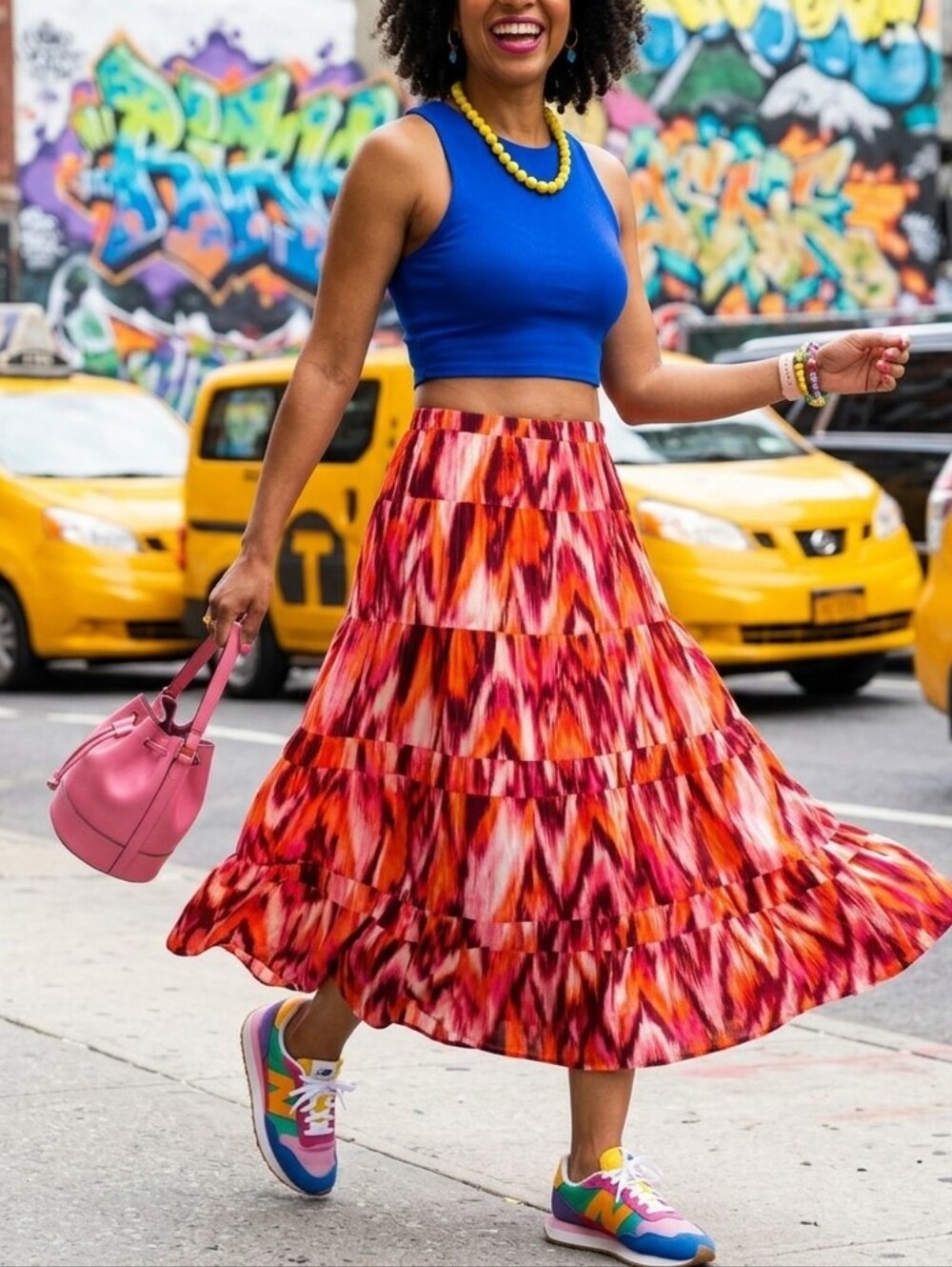 Jones New York Cotton Tiered Maxi Skirt 14 Boho Ikat Abstract Print Pink Orange